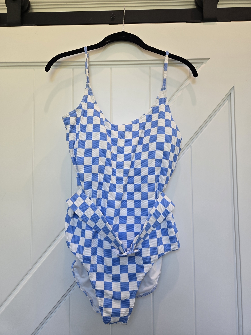 Blue & White Check One-Piece Swimsuit with Waist Tie